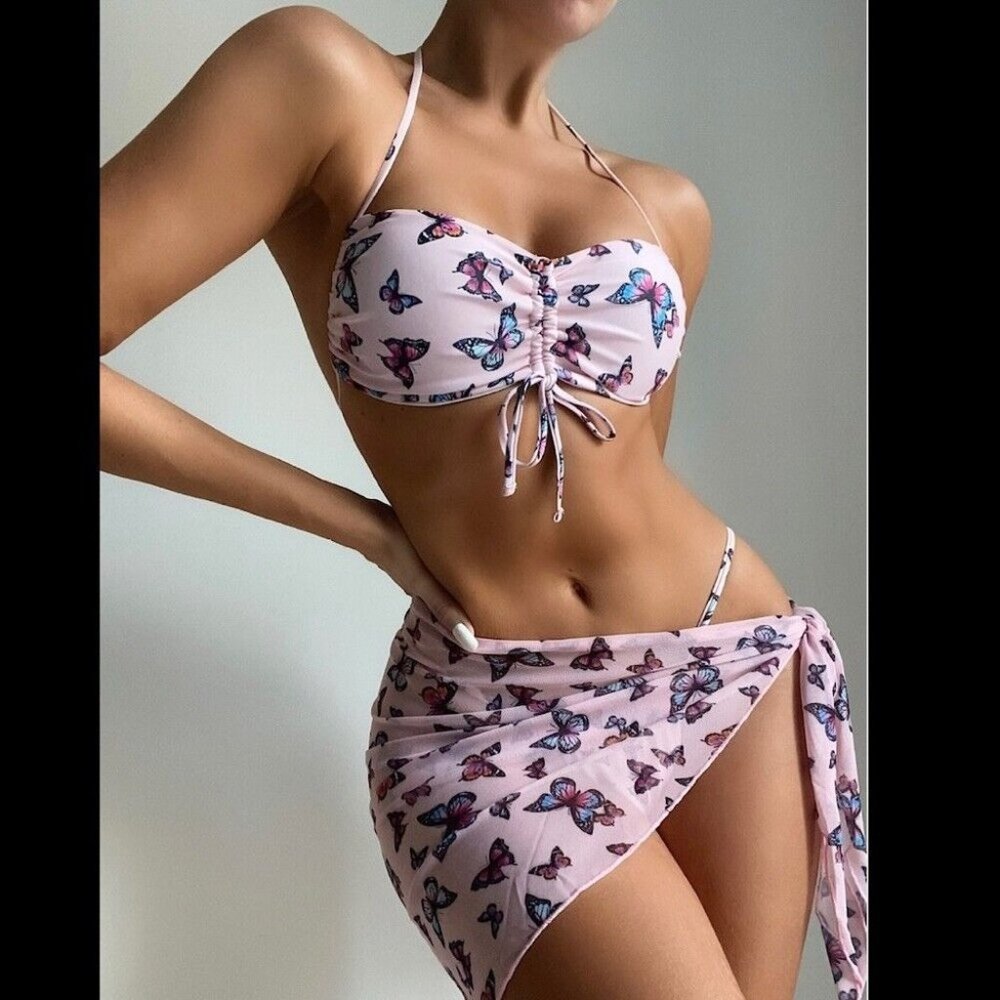 Pink butterfly halter cheeky three pieces bikini set sep sale